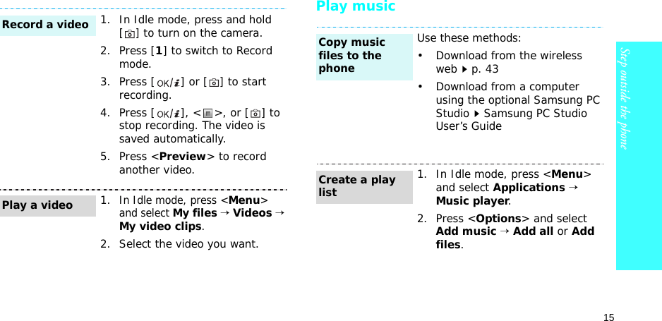 15Step outside the phonePlay music1. In Idle mode, press and hold [] to turn on the camera.2. Press [1] to switch to Record mode.3. Press [ ] or [] to start recording.4. Press [ ], &lt; &gt;, or [ ] to stop recording. The video is saved automatically.5. Press &lt;Preview&gt; to record another video.1.In Idle mode, press &lt;Menu&gt; and select My files → Videos → My video clips.2. Select the video you want.Record a videoPlay a videoUse these methods:• Download from the wireless webp. 43• Download from a computer using the optional Samsung PC StudioSamsung PC Studio User’s Guide1. In Idle mode, press &lt;Menu&gt; and select Applications → Music player.2. Press &lt;Options&gt; and select Add music → Add all or Add files.Copy music files to the phoneCreate a play list