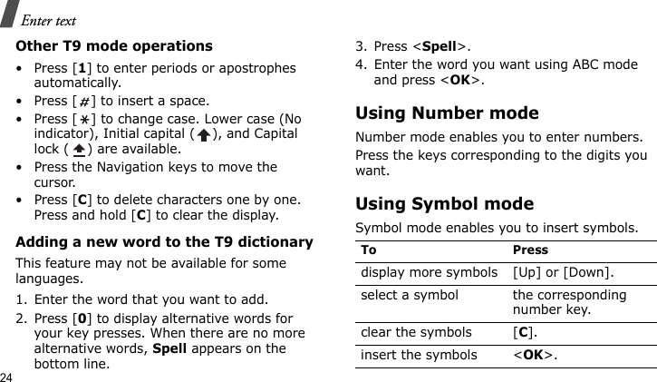 Enter text24Other T9 mode operations• Press [1] to enter periods or apostrophes automatically.• Press [ ] to insert a space.• Press [ ] to change case. Lower case (No indicator), Initial capital ( ), and Capital lock ( ) are available.• Press the Navigation keys to move the cursor. • Press [C] to delete characters one by one. Press and hold [C] to clear the display.Adding a new word to the T9 dictionaryThis feature may not be available for some languages.1. Enter the word that you want to add.2. Press [0] to display alternative words for your key presses. When there are no more alternative words, Spell appears on the bottom line. 3. Press &lt;Spell&gt;.4. Enter the word you want using ABC mode and press &lt;OK&gt;.Using Number modeNumber mode enables you to enter numbers.Press the keys corresponding to the digits you want.Using Symbol modeSymbol mode enables you to insert symbols.To Pressdisplay more symbols [Up] or [Down]. select a symbol the corresponding number key.clear the symbols [C]. insert the symbols &lt;OK&gt;.