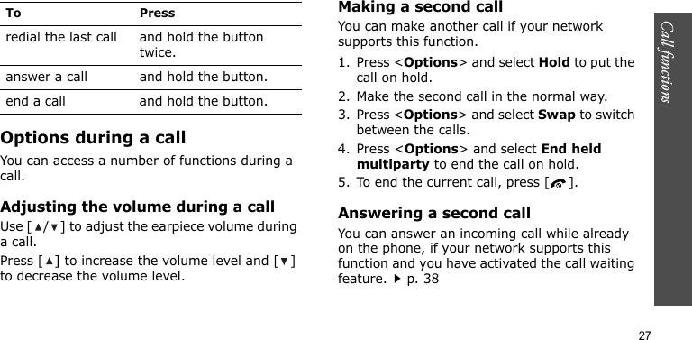 Call functions    27Options during a callYou can access a number of functions during a call.Adjusting the volume during a callUse [ / ] to adjust the earpiece volume during a call.Press [ ] to increase the volume level and [ ] to decrease the volume level.Making a second callYou can make another call if your network supports this function.1. Press &lt;Options&gt; and select Hold to put the call on hold.2. Make the second call in the normal way.3. Press &lt;Options&gt; and select Swap to switch between the calls.4. Press &lt;Options&gt; and select End held multiparty to end the call on hold.5. To end the current call, press [ ].Answering a second callYou can answer an incoming call while already on the phone, if your network supports this function and you have activated the call waiting feature.p. 38To Pressredial the last call and hold the button twice.answer a call and hold the button.end a call and hold the button.