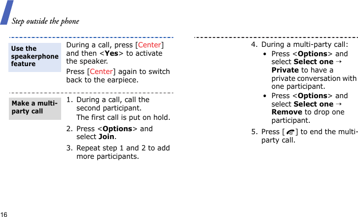 Step outside the phone16During a call, press [Center] and then &lt;Yes&gt; to activate the speaker.Press [Center] again to switch back to the earpiece.1. During a call, call the second participant.The first call is put on hold.2. Press &lt;Options&gt; and select Join.3. Repeat step 1 and 2 to add more participants.Use the speakerphone featureMake a multi-party call4. During a multi-party call:•Press &lt;Options&gt; and select Select one → Private to have a private conversation with one participant. •Press &lt;Options&gt; and select Select one → Remove to drop one participant.5. Press [ ] to end the multi-party call.