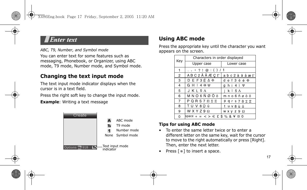 17Enter textABC, T9, Number, and Symbol modeYou can enter text for some features such as messaging, Phonebook, or Organizer, using ABC mode, T9 mode, Number mode, and Symbol mode.Changing the text input modeThe text input mode indicator displays when the cursor is in a text field. Press the right soft key to change the input mode.Example: Writing a text messageUsing ABC modePress the appropriate key until the character you want appears on the screen.Tips for using ABC mode• To enter the same letter twice or to enter a different letter on the same key, wait for the cursor to move to the right automatically or press [Right]. Then, enter the next letter.• Press [ ] to insert a space.Text inp u t  m o d e  indicatorABC modeT9 modeNumber modeSymbol modeNoneCharacters in order displayedKey             Upper case Lower casespaceX486Eng.book  Page 17  Friday, September 2, 2005  11:20 AM