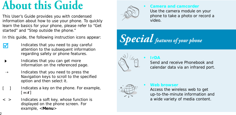 2About this GuideThis User’s Guide provides you with condensed information about how to use your phone. To quickly learn the basics for your phone, please refer to “Get started” and “Step outside the phone.”In this guide, the following instruction icons appear:Indicates that you need to pay careful attention to the subsequent information regarding safety or phone features.Indicates that you can get more information on the referenced page.  →Indicates that you need to press the Navigation keys to scroll to the specified option and then select it.[    ]Indicates a key on the phone. For example, []&lt;  &gt;Indicates a soft key, whose function is displayed on the phone screen. For example, &lt;Menu&gt;• Camera and camcorderUse the camera module on your phone to take a photo or record a video.Special features of your phone•IrDASend and receive Phonebook and calendar data via an infrared port.•Web browserAccess the wireless web to get up-to-the-minute information and a wide variety of media content.