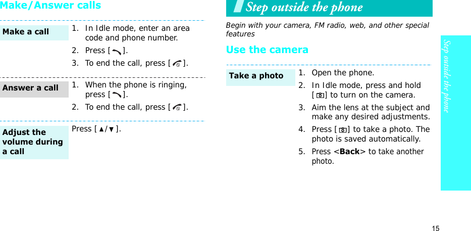 15Step outside the phoneMake/Answer callsStep outside the phoneBegin with your camera, FM radio, web, and other special featuresUse the camera1. In Idle mode, enter an area code and phone number.2. Press [ ].3. To end the call, press [ ].1. When the phone is ringing, press [ ].2. To end the call, press [ ].Press [ / ].Make a callAnswer a callAdjust the volume during a call1. Open the phone.2. In Idle mode, press and hold [] to turn on the camera.3. Aim the lens at the subject and make any desired adjustments.4. Press [ ] to take a photo. The photo is saved automatically.5.Press &lt;Back&gt; to take another photo.Take a photo