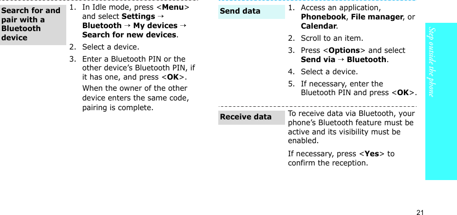 21Step outside the phone1. In Idle mode, press &lt;Menu&gt; and select Settings → Bluetooth → My devices → Search for new devices.2. Select a device.3. Enter a Bluetooth PIN or the other device’s Bluetooth PIN, if it has one, and press &lt;OK&gt;.When the owner of the other device enters the same code, pairing is complete.Search for and pair with a Bluetooth device1. Access an application, Phonebook, File manager, or Calendar.2. Scroll to an item.3. Press &lt;Options&gt; and select Send via → Bluetooth. 4. Select a device.5. If necessary, enter the Bluetooth PIN and press &lt;OK&gt;.To receive data via Bluetooth, your phone’s Bluetooth feature must be active and its visibility must be enabled.If necessary, press &lt;Yes&gt; to confirm the reception.Send dataReceive data