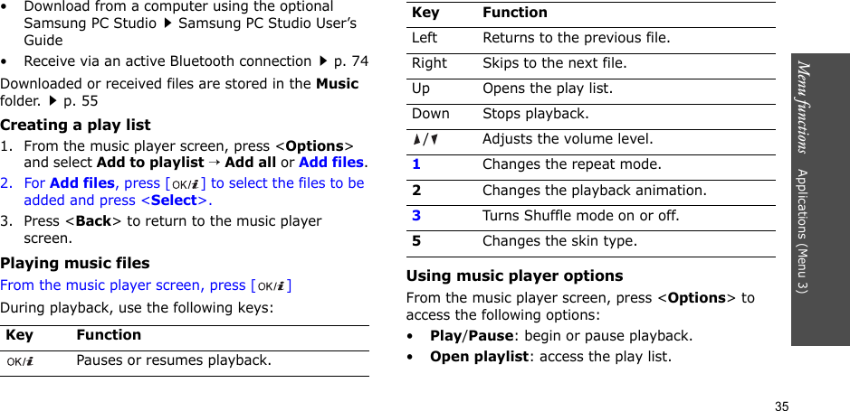 35Menu functions    Applications (Menu 3)• Download from a computer using the optional Samsung PC StudioSamsung PC Studio User’s Guide• Receive via an active Bluetooth connectionp. 74Downloaded or received files are stored in the Music folder.p. 55Creating a play list1. From the music player screen, press &lt;Options&gt; and select Add to playlist → Add all or Add files.2. For Add files, press [ ] to select the files to be added and press &lt;Select&gt;.3. Press &lt;Back&gt; to return to the music player screen.Playing music filesFrom the music player screen, press [ ]During playback, use the following keys:Using music player optionsFrom the music player screen, press &lt;Options&gt; to access the following options:•Play/Pause: begin or pause playback.•Open playlist: access the play list.Key FunctionPauses or resumes playback.Left Returns to the previous file.Right Skips to the next file.Up Opens the play list.Down Stops playback./ Adjusts the volume level.1Changes the repeat mode.2Changes the playback animation.3Turns Shuffle mode on or off.5Changes the skin type.Key Function