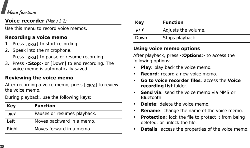 38Menu functionsVoice recorder (Menu 3.2)Use this menu to record voice memos.Recording a voice memo1. Press [ ] to start recording.2. Speak into the microphone. Press [ ] to pause or resume recording.3. Press &lt;Stop&gt; or [Down] to end recording. The voice memo is automatically saved.Reviewing the voice memoAfter recording a voice memo, press [ ] to review the voice memo.During playback, use the following keys:Using voice memo optionsAfter playback, press &lt;Options&gt; to access the following options:•Play: play back the voice memo.•Record: record a new voice memo.•Go to voice recorder files: access the Voice recording list folder.•Send via: send the voice memo via MMS or Bluetooth.•Delete: delete the voice memo.•Rename: change the name of the voice memo.•Protection: lock the file to protect it from being deleted, or unlock the file.•Details: access the properties of the voice memo.Key FunctionPauses or resumes playback.Left Moves backward in a memo.Right Moves forward in a memo./ Adjusts the volume.Down Stops playback.Key Function