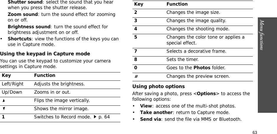 63Menu functionsShutter sound: select the sound that you hear when you press the shutter release.Zoom sound: turn the sound effect for zooming on or off.Brightness sound: turn the sound effect for brightness adjustment on or off.•Shortcuts: view the functions of the keys you can use in Capture mode.Using the keypad in Capture modeYou can use the keypad to customize your camera settings in Capture mode.Using photo optionsAfter saving a photo, press &lt;Options&gt; to access the following options:•View: access one of the multi-shot photos.•Take another: return to Capture mode.•Send via: send the file via MMS or Bluetooth.Key FunctionLeft/Right Adjusts the brightness.Up/Down Zooms in or out.Flips the image vertically.Shows the mirror image.1Switches to Record mode.p. 642Changes the image size.3Changes the image quality.4Changes the shooting mode.5Changes the color tone or applies a special effect.7Selects a decorative frame.8Sets the timer.0Goes to the Photos folder.Changes the preview screen.Key Function