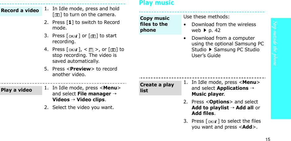 15Step outside the phonePlay music1. In Idle mode, press and hold [] to turn on the camera.2. Press [1] to switch to Record mode.3. Press [ ] or [] to start recording.4. Press [ ], &lt; &gt;, or [] to stop recording. The video is saved automatically.5. Press &lt;Preview&gt; to record another video.1. In Idle mode, press &lt;Menu&gt; and select File manager → Videos → Video clips.2. Select the video you want.Record a videoPlay a videoUse these methods:• Download from the wireless webp. 42• Download from a computer using the optional Samsung PC StudioSamsung PC Studio User’s Guide1. In Idle mode, press &lt;Menu&gt; and select Applications → Music player.2. Press &lt;Options&gt; and select Add to playlist → Add all or Add files.3. Press [ ] to select the files you want and press &lt;Add&gt;.Copy music files to the phoneCreate a play list