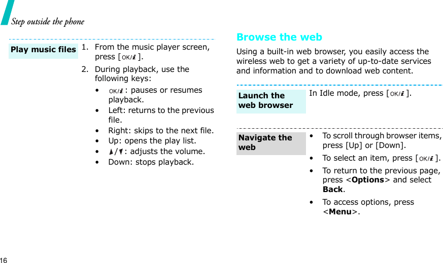 16Step outside the phoneBrowse the webUsing a built-in web browser, you easily access the wireless web to get a variety of up-to-date services and information and to download web content.1. From the music player screen, press [ ].2. During playback, use the following keys:• : pauses or resumes playback.• Left: returns to the previous file.• Right: skips to the next file.• Up: opens the play list.• / : adjusts the volume.• Down: stops playback.Play music filesIn Idle mode, press [ ].• To scroll through browser items, press [Up] or [Down]. • To select an item, press [ ].• To return to the previous page, press &lt;Options&gt; and select Back.• To access options, press &lt;Menu&gt;.Launch the web browserNavigate the web