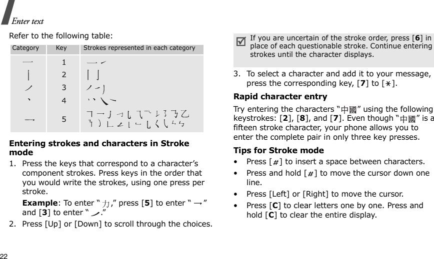 22Enter textRefer to the following table:Entering strokes and characters in Stroke mode1. Press the keys that correspond to a character’s component strokes. Press keys in the order that you would write the strokes, using one press per stroke.Example: To enter “ ,” press [5] to enter “ ” and [3] to enter “ .”2. Press [Up] or [Down] to scroll through the choices.3. To select a character and add it to your message, press the corresponding key, [7] to [ ].Rapid character entryTry entering the characters “ ” using the following keystrokes: [2], [8], and [7]. Even though “ ” is a fifteen stroke character, your phone allows you to enter the complete pair in only three key presses.Tips for Stroke mode• Press [ ] to insert a space between characters.• Press and hold [ ] to move the cursor down one line.• Press [Left] or [Right] to move the cursor.• Press [C] to clear letters one by one. Press and hold [C] to clear the entire display.Category        Key        Strokes represented in each categoryIf you are uncertain of the stroke order, press [6] in place of each questionable stroke. Continue entering strokes until the character displays.