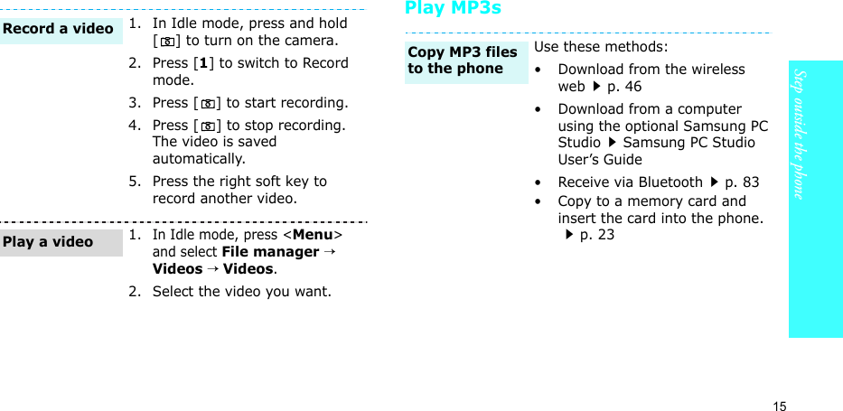 15Step outside the phonePlay MP3s1. In Idle mode, press and hold [ ] to turn on the camera.2. Press [1] to switch to Record mode.3. Press [ ] to start recording.4. Press [ ] to stop recording. The video is saved automatically.5. Press the right soft key to record another video.1.In Idle mode, press &lt;Menu&gt; and select File manager → Videos → Videos.2. Select the video you want.Record a videoPlay a videoUse these methods:• Download from the wireless webp. 46• Download from a computer using the optional Samsung PC StudioSamsung PC Studio User’s Guide• Receive via Bluetoothp. 83• Copy to a memory card and insert the card into the phone.p. 23Copy MP3 files to the phone