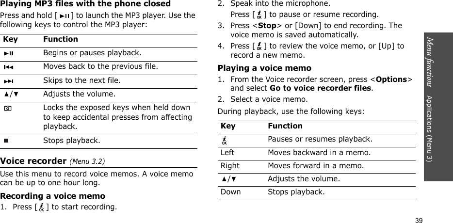 Menu functions    Applications (Menu 3)39Playing MP3 files with the phone closedPress and hold [ ] to launch the MP3 player. Use the following keys to control the MP3 player:Voice recorder (Menu 3.2)Use this menu to record voice memos. A voice memo can be up to one hour long.Recording a voice memo1. Press [ ] to start recording.2. Speak into the microphone. Press [ ] to pause or resume recording.3. Press &lt;Stop&gt; or [Down] to end recording. The voice memo is saved automatically.4. Press [ ] to review the voice memo, or [Up] to record a new memo.Playing a voice memo1. From the Voice recorder screen, press &lt;Options&gt; and select Go to voice recorder files.2. Select a voice memo.During playback, use the following keys:Key FunctionBegins or pauses playback.Moves back to the previous file.Skips to the next file./ Adjusts the volume.Locks the exposed keys when held down to keep accidental presses from affecting playback.Stops playback.Key FunctionPauses or resumes playback.Left Moves backward in a memo.Right Moves forward in a memo./ Adjusts the volume.Down Stops playback.