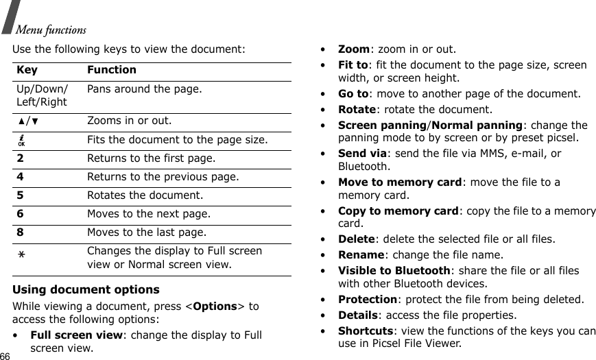 66Menu functionsUse the following keys to view the document:Using document optionsWhile viewing a document, press &lt;Options&gt; to access the following options:•Full screen view: change the display to Full screen view.•Zoom: zoom in or out.•Fit to: fit the document to the page size, screen width, or screen height.•Go to: move to another page of the document.•Rotate: rotate the document.•Screen panning/Normal panning: change the panning mode to by screen or by preset picsel.•Send via: send the file via MMS, e-mail, or Bluetooth.•Move to memory card: move the file to a memory card.•Copy to memory card: copy the file to a memory card.•Delete: delete the selected file or all files.•Rename: change the file name.•Visible to Bluetooth: share the file or all files with other Bluetooth devices.•Protection: protect the file from being deleted.•Details: access the file properties.•Shortcuts: view the functions of the keys you can use in Picsel File Viewer.Key FunctionUp/Down/Left/RightPans around the page./ Zooms in or out.Fits the document to the page size.2Returns to the first page.4Returns to the previous page.5Rotates the document.6Moves to the next page.8Moves to the last page.Changes the display to Full screen view or Normal screen view.