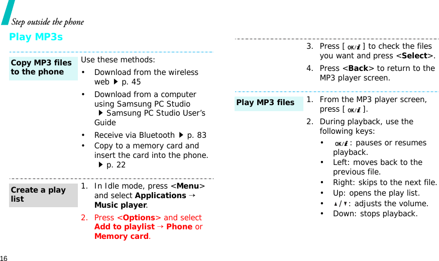 16Step outside the phonePlay MP3sUse these methods:• Download from the wireless webp. 45• Download from a computer using Samsung PC Studio Samsung PC Studio User’s Guide• Receive via Bluetoothp. 83• Copy to a memory card and insert the card into the phone.p. 221. In Idle mode, press &lt;Menu&gt; and select Applications → Music player.2. Press &lt;Options&gt; and select Add to playlist → Phone or Memory card.Copy MP3 files to the phoneCreate a play list3. Press [ ] to check the files you want and press &lt;Select&gt;.4. Press &lt;Back&gt; to return to the MP3 player screen.1. From the MP3 player screen, press [ ].2. During playback, use the following keys:• : pauses or resumes playback.• Left: moves back to the previous file.• Right: skips to the next file.• Up: opens the play list.• / : adjusts the volume.• Down: stops playback.Play MP3 files