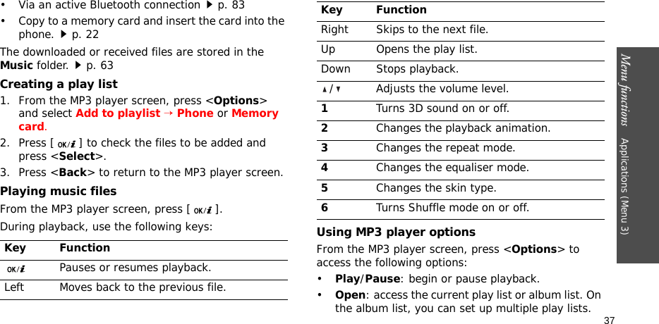 Menu functions    Applications (Menu 3)37• Via an active Bluetooth connectionp. 83• Copy to a memory card and insert the card into the phone.p. 22The downloaded or received files are stored in the Music folder.p. 63Creating a play list1. From the MP3 player screen, press &lt;Options&gt; and select Add to playlist → Phone or Memory card.2. Press [ ] to check the files to be added and press &lt;Select&gt;.3. Press &lt;Back&gt; to return to the MP3 player screen.Playing music filesFrom the MP3 player screen, press [ ].During playback, use the following keys:Using MP3 player optionsFrom the MP3 player screen, press &lt;Options&gt; to access the following options:•Play/Pause: begin or pause playback.•Open: access the current play list or album list. On the album list, you can set up multiple play lists.Key FunctionPauses or resumes playback.Left Moves back to the previous file.Right Skips to the next file.Up Opens the play list.Down Stops playback./ Adjusts the volume level.1Turns 3D sound on or off.2Changes the playback animation.3Changes the repeat mode.4Changes the equaliser mode.5Changes the skin type.6Turns Shuffle mode on or off.Key Function