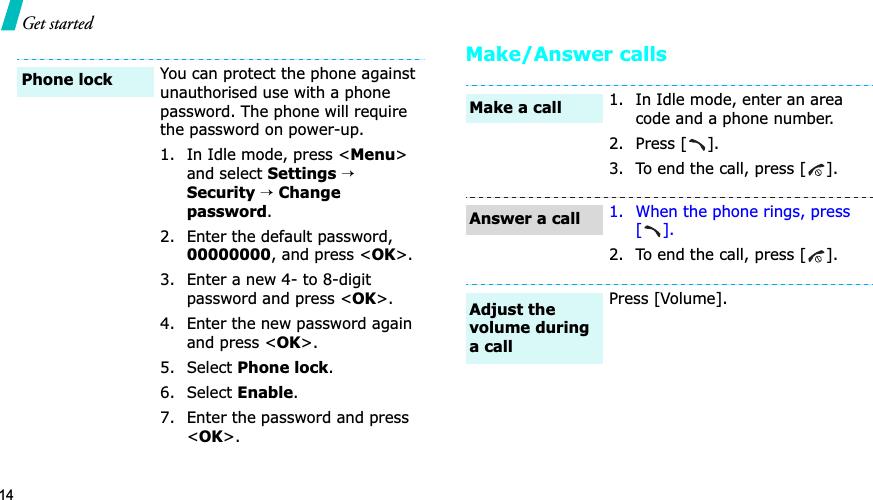 14Get startedMake/Answer callsYou can protect the phone against unauthorised use with a phone password. The phone will require the password on power-up.1. In Idle mode, press &lt;Menu&gt;and select Settings→Security→Change password.2. Enter the default password, 00000000, and press &lt;OK&gt;.3. Enter a new 4- to 8-digit password and press &lt;OK&gt;.4. Enter the new password again and press &lt;OK&gt;.5. Select Phone lock.6. Select Enable.7. Enter the password and press &lt;OK&gt;.Phone lock1. In Idle mode, enter an area code and a phone number.2. Press [ ].3. To end the call, press [ ].1. When the phone rings, press [].2. To end the call, press [ ].Press [Volume].Make a callAnswer a callAdjust the volume during a call