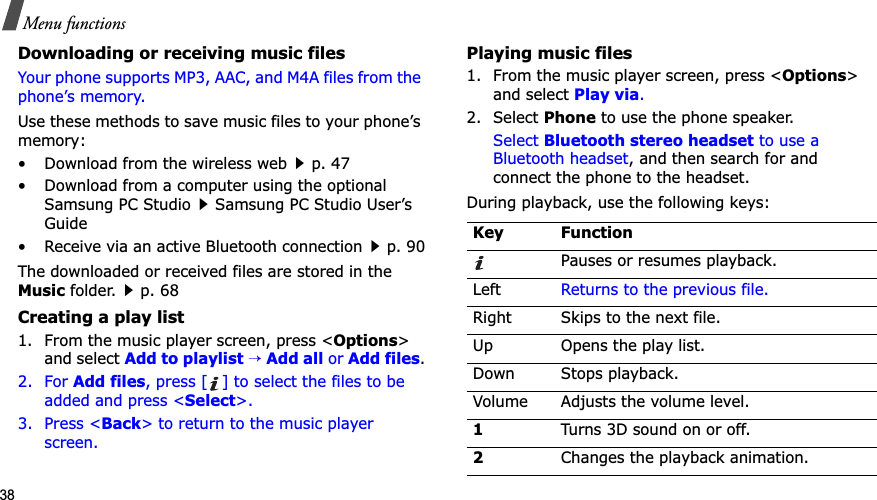 38Menu functionsDownloading or receiving music filesYour phone supports MP3, AAC, and M4A files from the phone’s memory.Use these methods to save music files to your phone’s memory:• Download from the wireless webp. 47• Download from a computer using the optional Samsung PC StudioSamsung PC Studio User’s Guide• Receive via an active Bluetooth connectionp. 90The downloaded or received files are stored in the Music folder.p. 68Creating a play list1. From the music player screen, press &lt;Options&gt;and select Add to playlist→Add all or Add files.2. For Add files, press [ ] to select the files to be added and press &lt;Select&gt;.3. Press &lt;Back&gt; to return to the music player screen.Playing music files1. From the music player screen, press &lt;Options&gt;and select Play via.2. Select Phone to use the phone speaker.Select Bluetooth stereo headset to use a Bluetooth headset, and then search for and connect the phone to the headset.During playback, use the following keys:Key FunctionPauses or resumes playback.Left Returns to the previous file. Right Skips to the next file. Up Opens the play list.Down Stops playback.Volume Adjusts the volume level.1Turns 3D sound on or off.2Changes the playback animation.