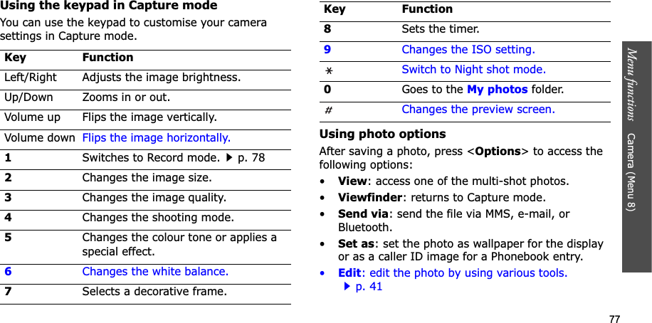 77Menu functions    Camera (Menu 8)Using the keypad in Capture modeYou can use the keypad to customise your camera settings in Capture mode.Using photo optionsAfter saving a photo, press &lt;Options&gt; to access the following options:•View: access one of the multi-shot photos.•Viewfinder: returns to Capture mode.•Send via: send the file via MMS, e-mail, or Bluetooth.•Set as: set the photo as wallpaper for the display or as a caller ID image for a Phonebook entry.•Edit: edit the photo by using various tools.p. 41 Key FunctionLeft/Right Adjusts the image brightness.Up/Down Zooms in or out.Volume up Flips the image vertically.Volume down Flips the image horizontally.1Switches to Record mode.p. 782Changes the image size. 3Changes the image quality.4Changes the shooting mode.5Changes the colour tone or applies a special effect.6Changes the white balance.7Selects a decorative frame.8Sets the timer.9Changes the ISO setting.Switch to Night shot mode.0Goes to the My photos folder.Changes the preview screen.Key Function