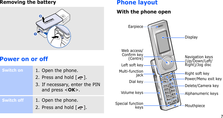 7Removing the batteryPower on or offPhone layoutWith the phone openSwitch on1. Open the phone.2. Press and hold [ ].3. If necessary, enter the PIN and press &lt;OK&gt;.Switch off1. Open the phone.2. Press and hold [ ].Special functionkeysEarpieceDial keyWeb access/Confirm key(Centre)Left soft keyMulti-functionjackVolume keysMouthpieceNavigation keys (Up/Down/Left/Right)/Jog discRight soft keyPower/Menu exit keyDelete/Camera keyDisplayAlphanumeric keys