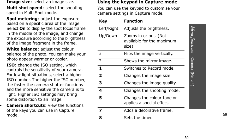 59Menu functions    Camera (Menu 4)59Image size: select an image size. Multi shot speed: select the shooting speed in Multi Shot mode.Spot metering: adjust the exposure based on a specific area of the image. Select On to display the spot focus frame in the middle of the image, and change the exposure according to the brightness of the image fragment in the frame.White balance: adjust the colour balance of the photo. You can make your photo appear warmer or cooler.ISO: change the ISO setting, which controls the sensitivity of your camera. For low light situations, select a higher ISO number. The higher the ISO number, the faster the camera shutter functions and the more sensitive the camera is to light. Higher ISO settings may bring some distortion to an image.•Camera shortcuts: view the functions of the keys you can use in Capture mode.Using the keypad in Capture modeYou can use the keypad to customise your camera settings in Capture mode.Key FunctionLeft/Right Adjusts the brightness.Up/Down Zooms in or out. (Not available for the maximum size)Flips the image vertically.Shows the mirror image.1Switches to Record mode.2Changes the image size.3Changes the image quality.4Changes the shooting mode.5Changes the colour tone or applies a special effect.7Adds a decorative frame.8Sets the timer.