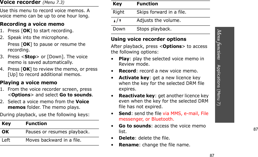 87Menu functions    Applications (Menu 7)87Voice recorder(Menu 7.3)Use this menu to record voice memos. A voice memo can be up to one hour long.Recording a voice memo1. Press [OK] to start recording. 2. Speak into the microphone.Press [OK] to pause or resume the recording.3. Press &lt;Stop&gt; or [Down]. The voice memo is saved automatically.4. Press [OK] to review the memo, or press [Up] to record additional memos.Playing a voice memo1. From the voice recorder screen, press &lt;Options&gt; and select Go to sounds.2. Select a voice memo from the Voice memos folder. The memo plays.During playback, use the following keys:Using voice recorder optionsAfter playback, press &lt;Options&gt; to access the following options:•Play: play the selected voice memo in Review mode.•Record: record a new voice memo.•Activate key: get a new licence key when the key for the selected DRM file expires.•Reactivate key: get another licence key even when the key for the selected DRM file has not expired.•Send: send the file via MMS, e-mail, File messenger, or Bluetooth.•Go to sounds: access the voice memo list.•Delete: delete the file.•Rename: change the file name.Key FunctionOKPauses or resumes playback.Left Moves backward in a file.Right Skips forward in a file./ Adjusts the volume.Down Stops playback.Key Function