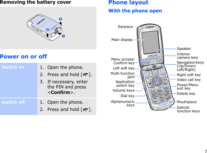 7Removing the battery coverPower on or offPhone layoutWith the phone openSwitch on1. Open the phone.2. Press and hold [ ].3. If necessary, enter the PIN and press &lt;Confirm&gt;.Switch off1. Open the phone.2. Press and hold [ ].MouthpieceNavigation keys (Up/Down/Left/Right)Power/Menu exit keyRight soft keyDelete keySpecial function keysEarpieceMain displayLeft soft keyVolume keysDial keyAlphanumerickeysMenu access/Confirm keyMulti-functionjack Video call keyApplicationswitch keyInterior camera lensSpeaker