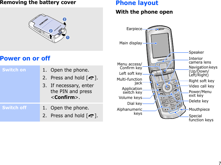 7Removing the battery coverPower on or offPhone layoutWith the phone openSwitch on1. Open the phone.2. Press and hold [ ].3. If necessary, enter the PIN and press &lt;Confirm&gt;.Switch off1. Open the phone.2. Press and hold [ ].MouthpieceNavigation keys (Up/Down/Left/Right)Power/Menu exit keyRight soft keyDelete keySpecial function keysEarpieceMain displayLeft soft keyVolume keysDial keyAlphanumerickeysMenu access/Confirm keyMulti-functionjack Video call keyApplicationswitch keyInterior camera lensSpeaker
