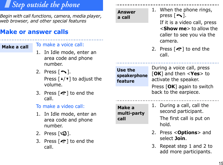 15Step outside the phoneBegin with call functions, camera, media player, web browser, and other special featuresMake or answer callsTo make a voice call:1. In Idle mode, enter an area code and phone number.2. Press [ ].Press [ / ] to adjust the volume.3. Press [ ] to end the call.To make a video call:1. In Idle mode, enter an area code and phone number.2. Press [ ].3. Press [ ] to end the call.Make a call1. When the phone rings, press [ ].If it is a video call, press &lt;Show me&gt; to allow the caller to see you via the camera.2. Press [ ] to end the call.During a voice call, press [OK] and then &lt;Yes&gt; to activate the speaker.Press [OK] again to switch back to the earpiece.1. During a call, call the second participant.The first call is put on hold.2. Press &lt;Options&gt; and select Join.3. Repeat step 1 and 2 to add more participants.Answer a callUse the speakerphone featureMake a multi-party call