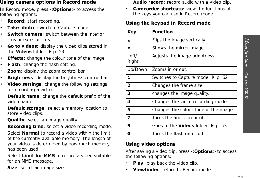65Menu functions    Camera (OK 8)Using camera options in Record modeIn Record mode, press &lt;Options&gt; to access the following options:•Record: start recording.•Take photo: switch to Capture mode.•Switch camera: switch between the interior lens or exterior lens.•Go to videos: display the video clips stored in the Videos folder.p. 53•Effects: change the colour tone of the image.•Flash: change the flash setting.•Zoom: display the zoom control bar.•Brightness: display the brightness control bar.•Video settings: change the following settings for recording a video:Default name: change the default prefix of the video name.Default storage: select a memory location to store video clips.Quality: select an image quality. Recording time: select a video recording mode.Select Normal to record a video within the limit of the currently available memory. The length of your video is determined by how much memory has been used.Select Limit for MMS to record a video suitable for an MMS message.Size: select an image size.Audio record: record audio with a video clip.•Camcorder shortcuts: view the functions of the keys you can use in Record mode.Using the keypad in Record modeUsing video optionsAfter saving a video clip, press &lt;Options&gt; to access the following options:•Play: play back the video clip.•Viewfinder: return to Record mode.Key FunctionFlips the image vertically.Shows the mirror image.Left/Right Adjusts the image brightness.Up/Down Zooms in or out.1Switches to Capture mode.p. 622Changes the frame size.3changes the image quality.4Changes the video recording mode.5Changes the colour tone of the image.7Turns the audio on or off.9Goes to the Videos folder.p. 530Turns the flash on or off.