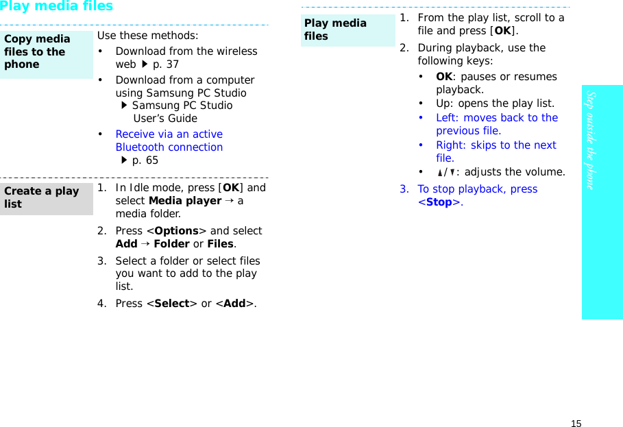 15Step outside the phone    Play media filesUse these methods:• Download from the wireless webp. 37• Download from a computer using Samsung PC Studio Samsung PC Studio      User’s Guide•Receive via an active Bluetooth connection p. 651. In Idle mode, press [OK] and select Media player → a media folder.2. Press &lt;Options&gt; and select Add → Folder or Files.3. Select a folder or select files you want to add to the play list.4. Press &lt;Select&gt; or &lt;Add&gt;.Copy media files to the phoneCreate a play list1. From the play list, scroll to a file and press [OK].2. During playback, use the following keys:•OK: pauses or resumes playback.• Up: opens the play list.• Left: moves back to the previous file.• Right: skips to the next file.•/: adjusts the volume.3. To stop playback, press &lt;Stop&gt;.Play media files