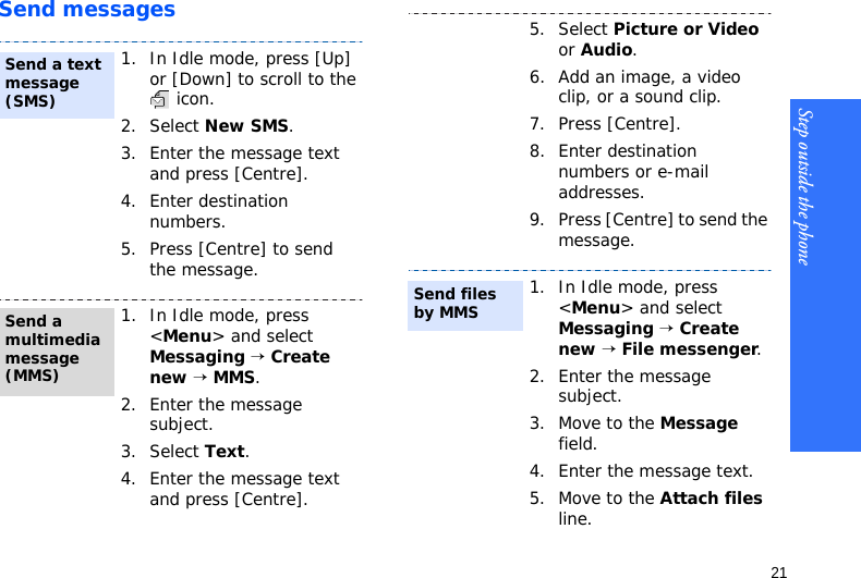 Step outside the phone21Send messages1. In Idle mode, press [Up] or [Down] to scroll to the  icon.2. Select New SMS.3. Enter the message text and press [Centre].4. Enter destination numbers.5. Press [Centre] to send the message.1. In Idle mode, press &lt;Menu&gt; and select Messaging → Create new → MMS.2. Enter the message subject.3. Select Text.4. Enter the message text and press [Centre].Send a text message (SMS)Send a multimedia message (MMS)5. Select Picture or Video or Audio.6. Add an image, a video clip, or a sound clip.7. Press [Centre].8. Enter destination numbers or e-mail addresses.9. Press [Centre] to send the message.1. In Idle mode, press &lt;Menu&gt; and select Messaging → Create new → File messenger.2. Enter the message subject.3. Move to the Message field.4. Enter the message text.5. Move to the Attach files line.Send files by MMS