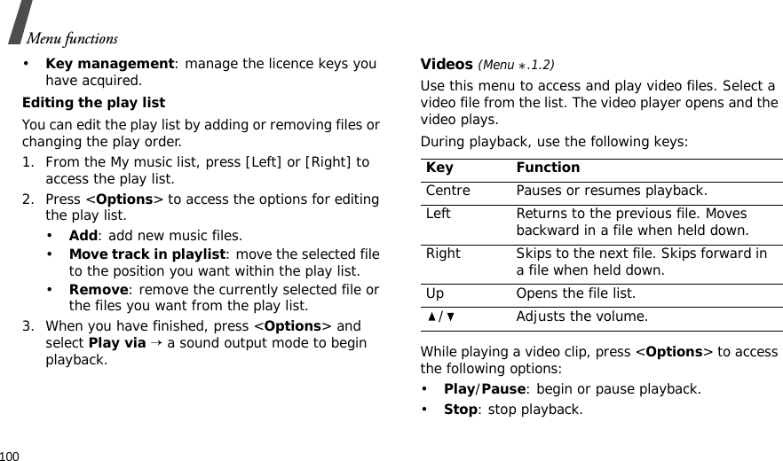 100Menu functions•Key management: manage the licence keys you have acquired.Editing the play listYou can edit the play list by adding or removing files or changing the play order.1. From the My music list, press [Left] or [Right] to access the play list.2. Press &lt;Options&gt; to access the options for editing the play list.•Add: add new music files.•Move track in playlist: move the selected file to the position you want within the play list.•Remove: remove the currently selected file or the files you want from the play list.3. When you have finished, press &lt;Options&gt; and select Play via → a sound output mode to begin playback.Videos (Menu *.1.2)Use this menu to access and play video files. Select a video file from the list. The video player opens and the video plays.During playback, use the following keys:While playing a video clip, press &lt;Options&gt; to access the following options:•Play/Pause: begin or pause playback.•Stop: stop playback.Key FunctionCentre Pauses or resumes playback.Left Returns to the previous file. Moves backward in a file when held down.Right Skips to the next file. Skips forward in a file when held down.Up Opens the file list./ Adjusts the volume.