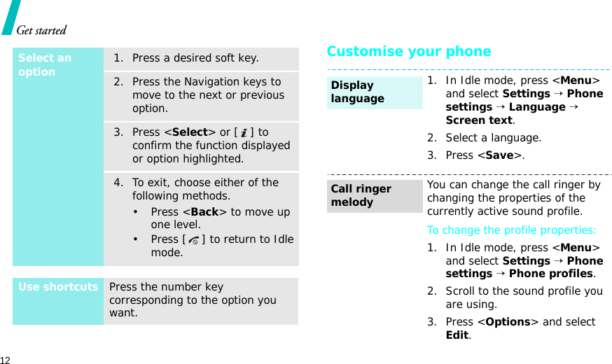 12Get startedCustomise your phoneSelect an option1. Press a desired soft key.2. Press the Navigation keys to move to the next or previous option.3. Press &lt;Select&gt; or [ ] to confirm the function displayed or option highlighted.4. To exit, choose either of the following methods.• Press &lt;Back&gt; to move up one level.• Press [ ] to return to Idle mode.Use shortcutsPress the number key corresponding to the option you want.1. In Idle mode, press &lt;Menu&gt; and select Settings → Phone settings → Language → Screen text.2. Select a language.3. Press &lt;Save&gt;.You can change the call ringer by changing the properties of the currently active sound profile.To change the profile properties:1. In Idle mode, press &lt;Menu&gt; and select Settings → Phone settings → Phone profiles.2. Scroll to the sound profile you are using.3. Press &lt;Options&gt; and select Edit.Display languageCall ringer melody