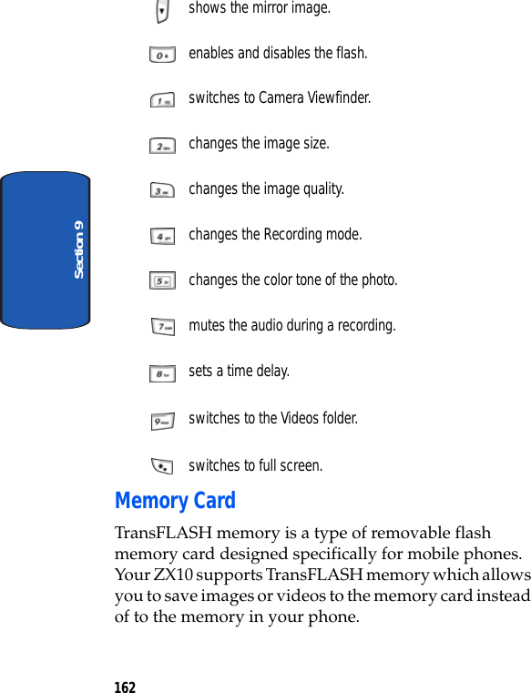 162Section 9 shows the mirror image. enables and disables the flash. switches to Camera Viewfinder. changes the image size. changes the image quality. changes the Recording mode. changes the color tone of the photo. mutes the audio during a recording. sets a time delay. switches to the Videos folder. switches to full screen.Memory CardTransFLASH memory is a type of removable flash memory card designed specifically for mobile phones. Your ZX10 supports TransFLASH memory which allows you to save images or videos to the memory card instead of to the memory in your phone.