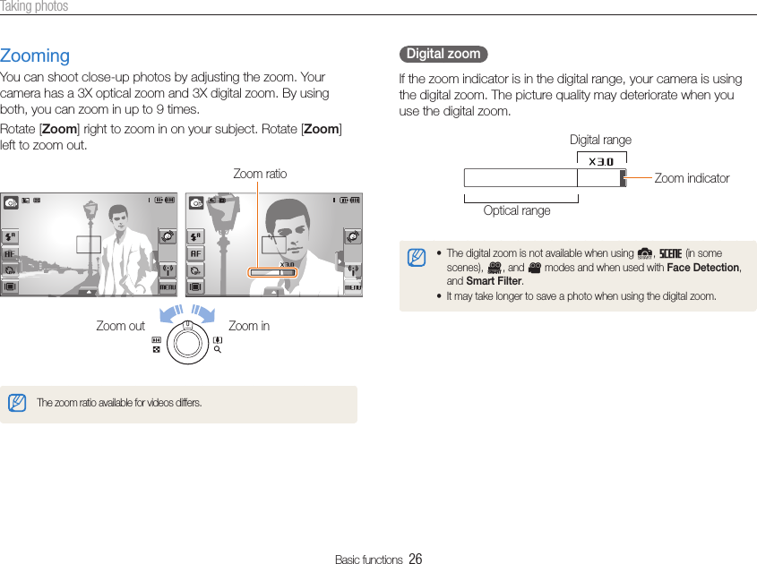 Basic functions  26Taking photosZoomingYou can shoot close-up photos by adjusting the zoom. Your camera has a 3X optical zoom and 3X digital zoom. By using both, you can zoom in up to 9 times. Rotate [Zoom] right to zoom in on your subject. Rotate [Zoom] left to zoom out.Zoom ratioZoom inZoom outThe zoom ratio available for videos differs.  Digital zoom  If the zoom indicator is in the digital range, your camera is using the digital zoom. The picture quality may deteriorate when you use the digital zoom.Optical rangeZoom indicatorDigital rangeThe digital zoom is not available when using tS, s (in some scenes), D, and v modes and when used with Face Detection, and Smart Filter.It may take longer to save a photo when using the digital zoom.t