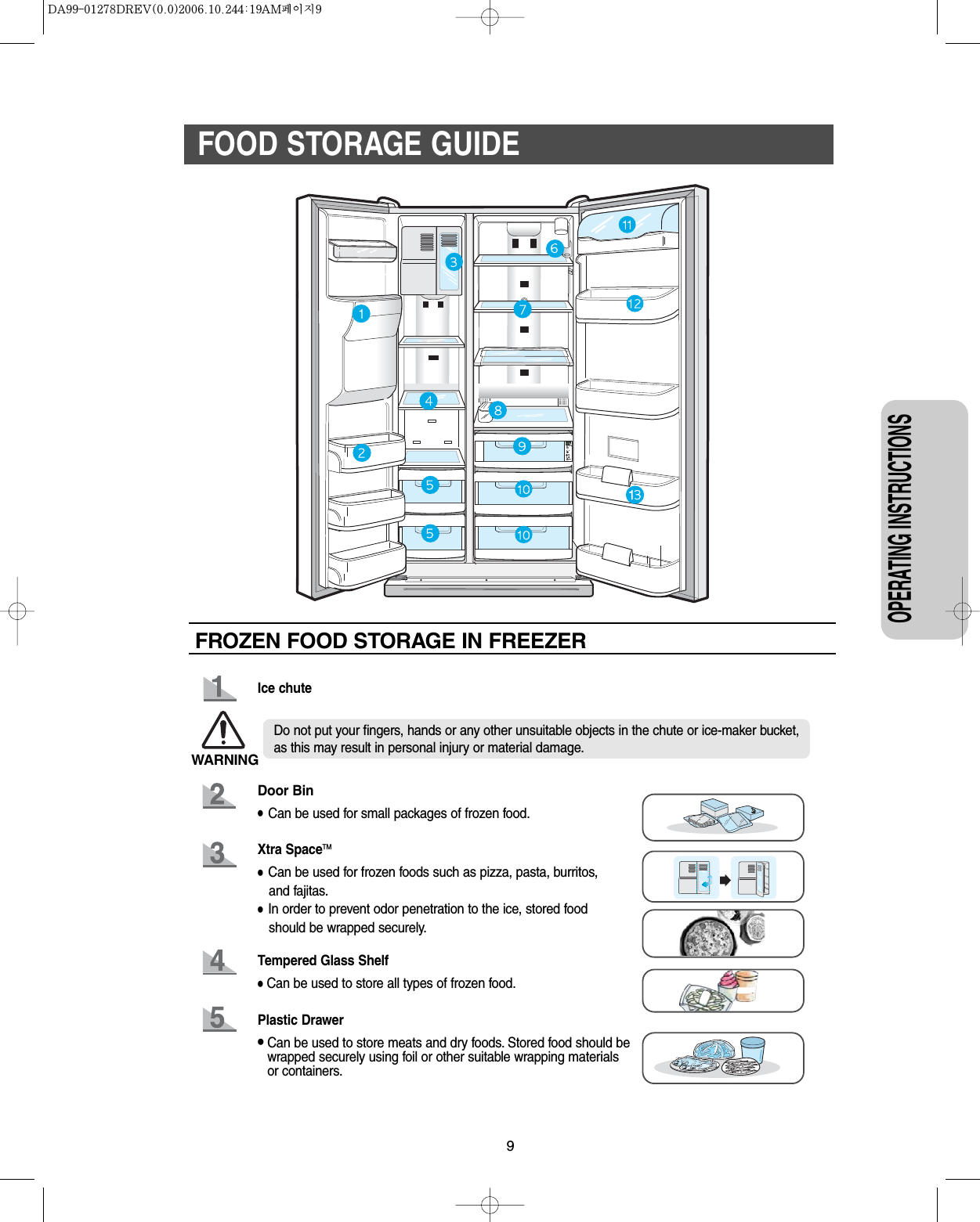 OPERATING INSTRUCTIONS9FOOD STORAGE GUIDEFROZEN FOOD STORAGE IN FREEZERIce chute Door Bin •Can be used for small packages of frozen food.Xtra SpaceTM•Can be used for frozen foods such as pizza, pasta, burritos, and fajitas.•In order to prevent odor penetration to the ice, stored food  should be wrapped securely.Tempered Glass Shelf•Can be used to store all types of frozen food.Plastic Drawer•Can be used to store meats and dry foods. Stored food should bewrapped securely using foil or other suitable wrapping materialsor containers.WARNINGDo not put your fingers, hands or any other unsuitable objects in the chute or ice-maker bucket,as this may result in personal injury or material damage.
