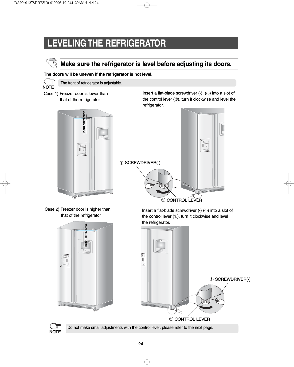 24LEVELING THE REFRIGERATORCase 1) Freezer door is lower than       that of the refrigeratorInsert a flat-blade screwdriver (-)  (➀) into a slot of the control lever (➁), turn it clockwise and level therefrigerator.Case 2) Freezer door is higher than   that of the refrigeratorInsert a flat-blade screwdriver (-) (➀) into a slot ofthe control lever (➁), turn it clockwise and level the refrigerator.Do not make small adjustments with the control lever, please refer to the next page.HEIGHT DIFFERENCEHEIGHT DIFFERENCE➀SCREWDRIVER(-)➀SCREWDRIVER(-)➁CONTROL LEVER➁CONTROL LEVERNOTEThe doors will be uneven if the refrigerator is not level.Make sure the refrigerator is level before adjusting its doors.The front of refrigerator is adjustable.NOTE