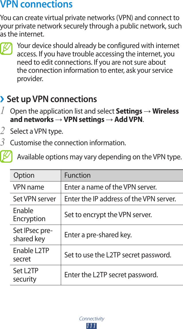 Connectivity111VPN connectionsYou can create virtual private networks (VPN) and connect to your private network securely through a public network, such as the internet.Your device should already be configured with internet access. If you have trouble accessing the internet, you need to edit connections. If you are not sure about the connection information to enter, ask your service provider.Set up VPN connections ›Open the application list and select 1 Settings → Wireless and networks → VPN settings → Add VPN.Select a VPN type.2 Customise the connection information.3 Available options may vary depending on the VPN type.Option FunctionVPN name Enter a name of the VPN server.Set VPN server Enter the IP address of the VPN server.Enable Encryption Set to encrypt the VPN server.Set IPsec pre-shared key Enter a pre-shared key.Enable L2TP secret Set to use the L2TP secret password.Set L2TP security Enter the L2TP secret password.