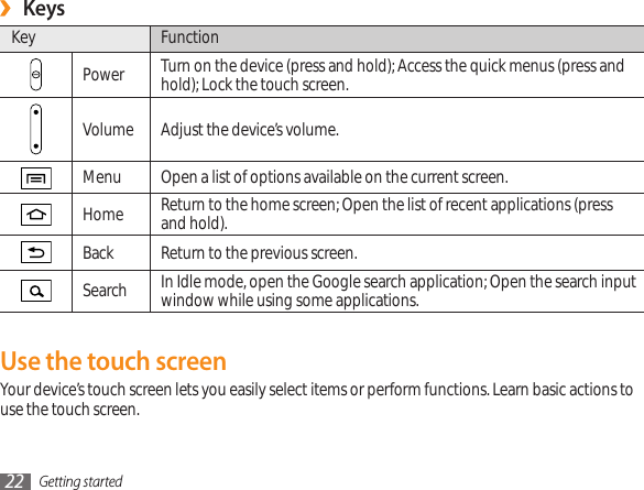 Getting started22Keys ›Key FunctionPower Turn on the device (press and hold); Access the quick menus (press and hold); Lock the touch screen.Volume Adjust the device’s volume.Menu Open a list of options available on the current screen.Home Return to the home screen; Open the list of recent applications (press and hold).Back Return to the previous screen.Search In Idle mode, open the Google search application; Open the search input window while using some applications.Use the touch screenYour device’s touch screen lets you easily select items or perform functions. Learn basic actions to use the touch screen. 