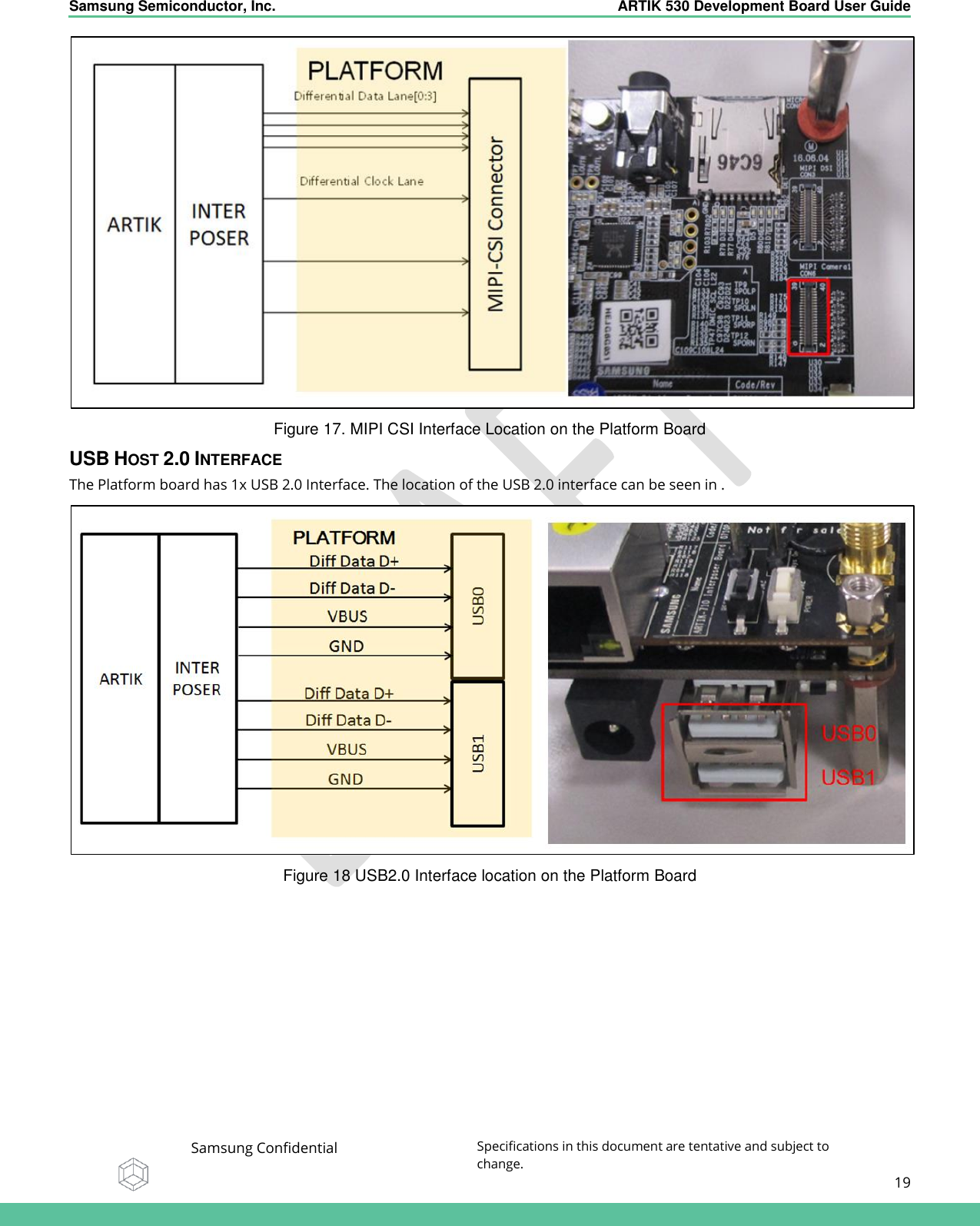    Samsung Semiconductor, Inc.  ARTIK 530 Development Board User Guide   Samsung Confidential Specifications in this document are tentative and subject to change.  19    Figure 17. MIPI CSI Interface Location on the Platform Board USB HOST 2.0 INTERFACE The Platform board has 1x USB 2.0 Interface. The location of the USB 2.0 interface can be seen in .  Figure 18 USB2.0 Interface location on the Platform Board   