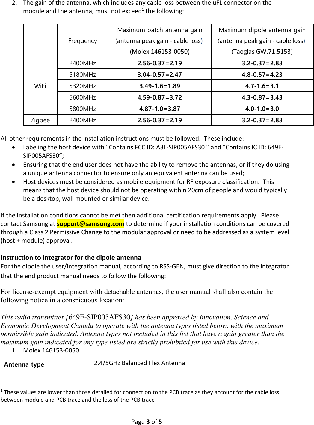 Page 3 of 5 2. The gain of the antenna, which includes any cable loss between the uFL connector on the module and the antenna, must not exceed1 the following:   Frequency Maximum patch antenna gain (antenna peak gain - cable loss)  (Molex 146153-0050) Maximum dipole antenna gain (antenna peak gain - cable loss)  (Taoglas GW.71.5153) WiFi 2400MHz 2.56-0.37=2.19 3.2-0.37=2.83 5180MHz 3.04-0.57=2.47 4.8-0.57=4.23 5320MHz 3.49-1.6=1.89 4.7-1.6=3.1 5600MHz 4.59-0.87=3.72 4.3-0.87=3.43 5800MHz 4.87-1.0=3.87 4.0-1.0=3.0 Zigbee 2400MHz 2.56-0.37=2.19 3.2-0.37=2.83  All other requirements in the installation instructions must be followed.  These include: • Labeling the host device with “Contains FCC ID: A3L-SIP005AFS30 ” and “Contains IC ID: 649E-SIP005AFS30”; • Ensuring that the end user does not have the ability to remove the antennas, or if they do using a unique antenna connector to ensure only an equivalent antenna can be used; • Host devices must be considered as mobile equipment for RF exposure classification.  This means that the host device should not be operating within 20cm of people and would typically be a desktop, wall mounted or similar device.    If the installation conditions cannot be met then additional certification requirements apply.  Please contact Samsung at support@samsung.com to determine if your installation conditions can be covered through a Class 2 Permissive Change to the modular approval or need to be addressed as a system level (host + module) approval.  Instruction to integrator for the dipole antenna For the dipole the user/integration manual, according to RSS-GEN, must give direction to the integrator that the end product manual needs to follow the following: For license-exempt equipment with detachable antennas, the user manual shall also contain the following notice in a conspicuous location:   This radio transmitter [649E-SIP005AFS30] has been approved by Innovation, Science and Economic Development Canada to operate with the antenna types listed below, with the maximum permissible gain indicated. Antenna types not included in this list that have a gain greater than the maximum gain indicated for any type listed are strictly prohibited for use with this device.  1. Molex 146153-0050                                                             1 These values are lower than those detailed for connection to the PCB trace as they account for the cable loss between module and PCB trace and the loss of the PCB trace Antenna type  2.4/5GHz Balanced Flex Antenna 