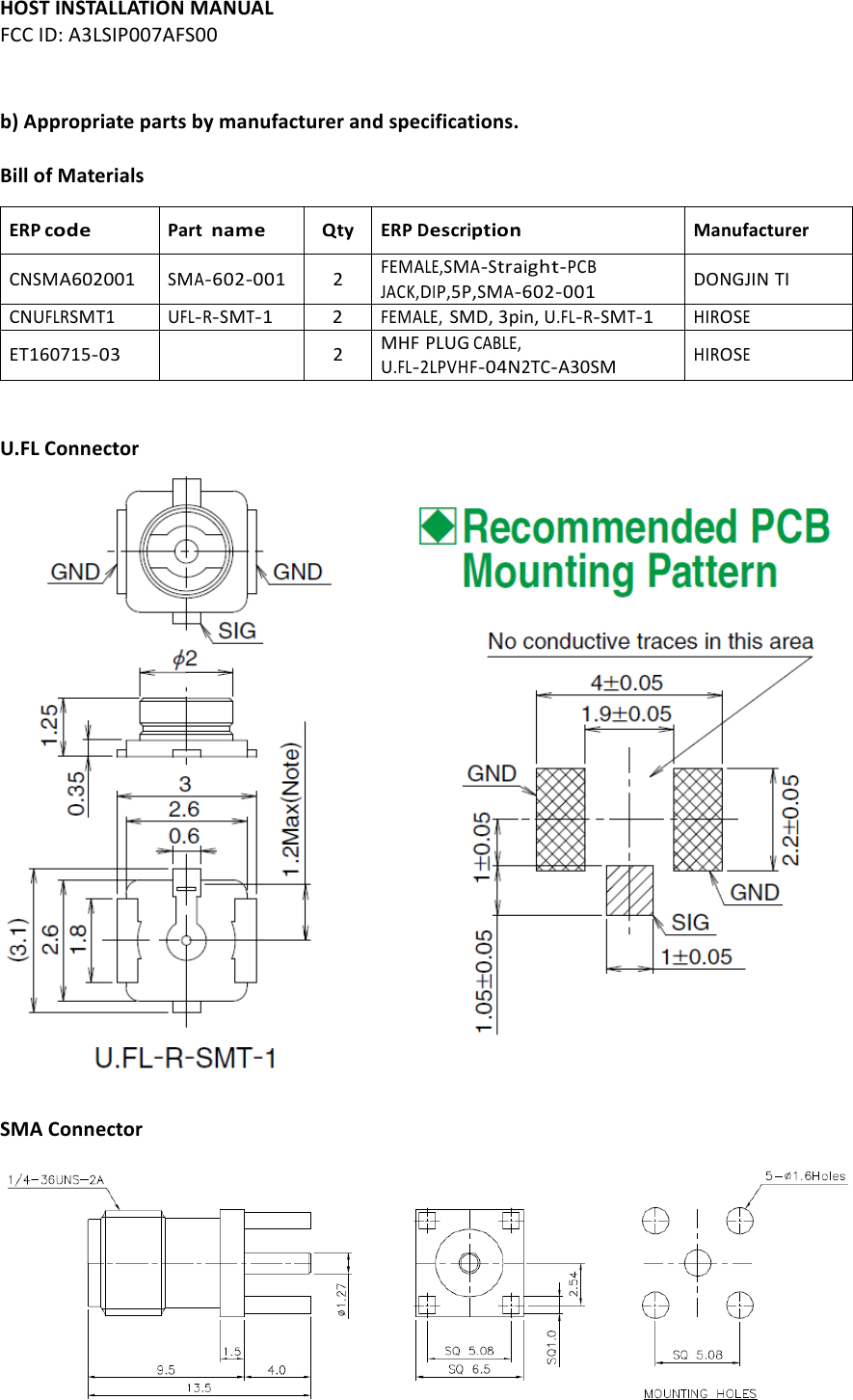 HOST%INSTALLATION%MANUAL%FCC#ID:#A3LSIP007AFS00#b)%Appropriate%parts%by%manufacturer%and%specifications.#%%Bill%of%Materials% ERP%code%Part%name%Qty%ERP%Description%Manufacturer%CNSMA602001#SMA-602-001#2#FEMALE,SMA-Straight-PCB# ##JACK,DIP,5P,SMA-602-001#DONGJIN#TI#CNUFLRSMT1#UFL-R-SMT-1#2#FEMALE,#SMD,#3pin,#U.FL-R-SMT-1#HIROSE#ET160715-03##2#MHF#PLUG#CABLE,# #U.FL-2LPVHF-04N2TC-A30SM#HIROSE###U.FL%Connector%##SMA%Connector%##