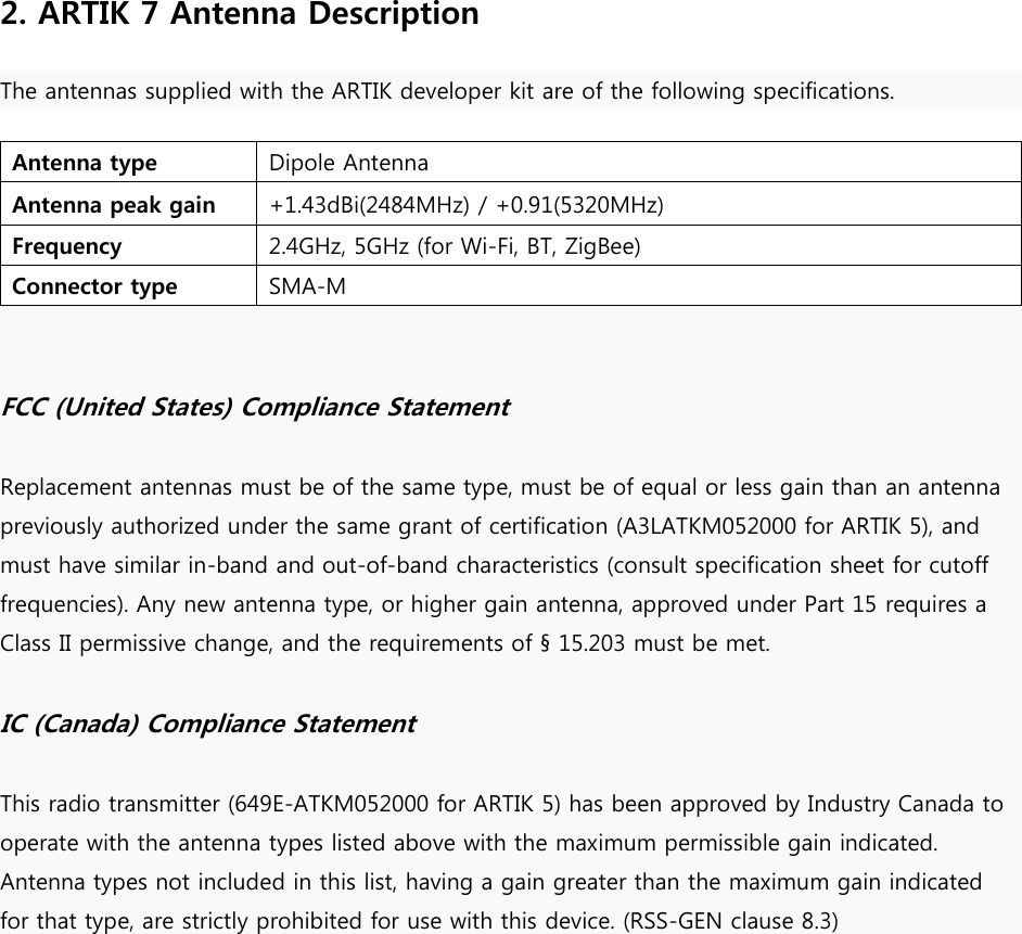 2. ARTIK 7 Antenna Description The antennas supplied with the ARTIK developer kit are of the following specifications. Antenna type Dipole Antenna Antenna peak gain +1.43dBi(2484MHz) / +0.91(5320MHz) Frequency 2.4GHz, 5GHz (for Wi-Fi, BT, ZigBee) Connector type SMA-M   FCC (United States) Compliance Statement  Replacement antennas must be of the same type, must be of equal or less gain than an antenna previously authorized under the same grant of certification (A3LATKM052000 for ARTIK 5), and must have similar in-band and out-of-band characteristics (consult specification sheet for cutoff frequencies). Any new antenna type, or higher gain antenna, approved under Part 15 requires a Class II permissive change, and the requirements of § 15.203 must be met.  IC (Canada) Compliance Statement  This radio transmitter (649E-ATKM052000 for ARTIK 5) has been approved by Industry Canada to operate with the antenna types listed above with the maximum permissible gain indicated. Antenna types not included in this list, having a gain greater than the maximum gain indicated for that type, are strictly prohibited for use with this device. (RSS-GEN clause 8.3) 