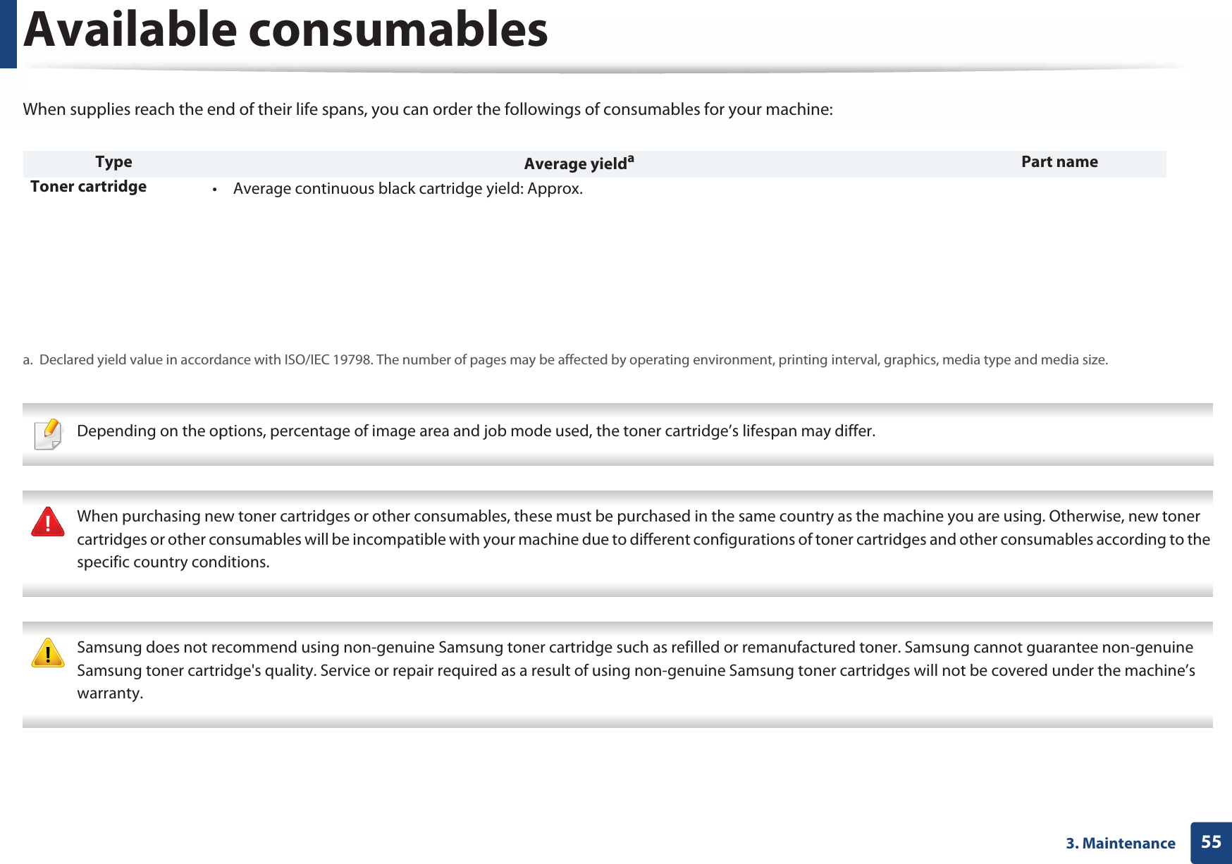553. MaintenanceAvailable consumablesWhen supplies reach the end of their life spans, you can order the followings of consumables for your machine:   Depending on the options, percentage of image area and job mode used, the toner cartridge’s lifespan may differ.  When purchasing new toner cartridges or other consumables, these must be purchased in the same country as the machine you are using. Otherwise, new toner cartridges or other consumables will be incompatible with your machine due to different configurations of toner cartridges and other consumables according to the specific country conditions.  Samsung does not recommend using non-genuine Samsung toner cartridge such as refilled or remanufactured toner. Samsung cannot guarantee non-genuine Samsung toner cartridge&apos;s quality. Service or repair required as a result of using non-genuine Samsung toner cartridges will not be covered under the machine’s warranty. Type Average yieldaa. Declared yield value in accordance with ISO/IEC 19798. The number of pages may be affected by operating environment, printing interval, graphics, media type and media size.Part nameToner cartridge  • Average continuous black cartridge yield: Approx. 6,000 standard pages (Black)• Average continuous color cartridge yield: Approx. 3,500 standard pages (Yellow/Magenta/Cyan)• CLT-K505L: Black• CLT-Y505L: Yellow• CLT-M505L: Magenta• CLT-C505L: CyanWaste toner container • Approx. 14,000 pages (Black)• Approx. 3,500 pages (Yellow/Magenta/Cyan)CLT-W506