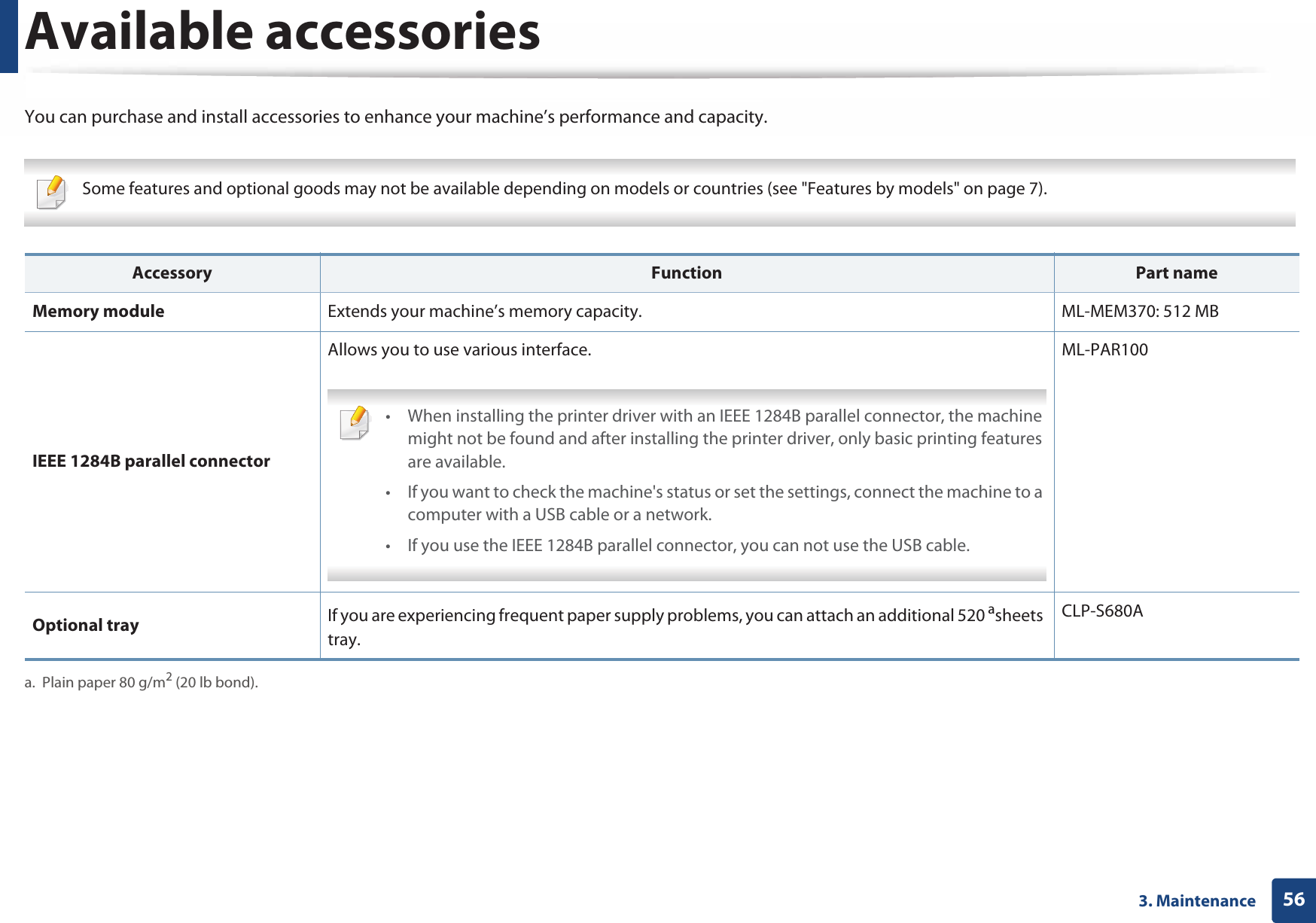 563. MaintenanceAvailable accessoriesYou can purchase and install accessories to enhance your machine’s performance and capacity. Some features and optional goods may not be available depending on models or countries (see &quot;Features by models&quot; on page 7).   Accessory Function Part nameMemory module Extends your machine’s memory capacity. ML-MEM370: 512 MBIEEE 1284B parallel connectorAllows you to use various interface. • When installing the printer driver with an IEEE 1284B parallel connector, the machine might not be found and after installing the printer driver, only basic printing features are available.• If you want to check the machine&apos;s status or set the settings, connect the machine to a computer with a USB cable or a network.• If you use the IEEE 1284B parallel connector, you can not use the USB cable. ML-PAR100Optional tray If you are experiencing frequent paper supply problems, you can attach an additional 520 asheets tray. a. Plain paper 80 g/m2 (20 lb bond).CLP-S680A