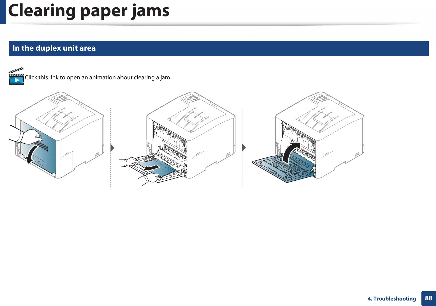 Clearing paper jams884. Troubleshooting6 In the duplex unit area Click this link to open an animation about clearing a jam.