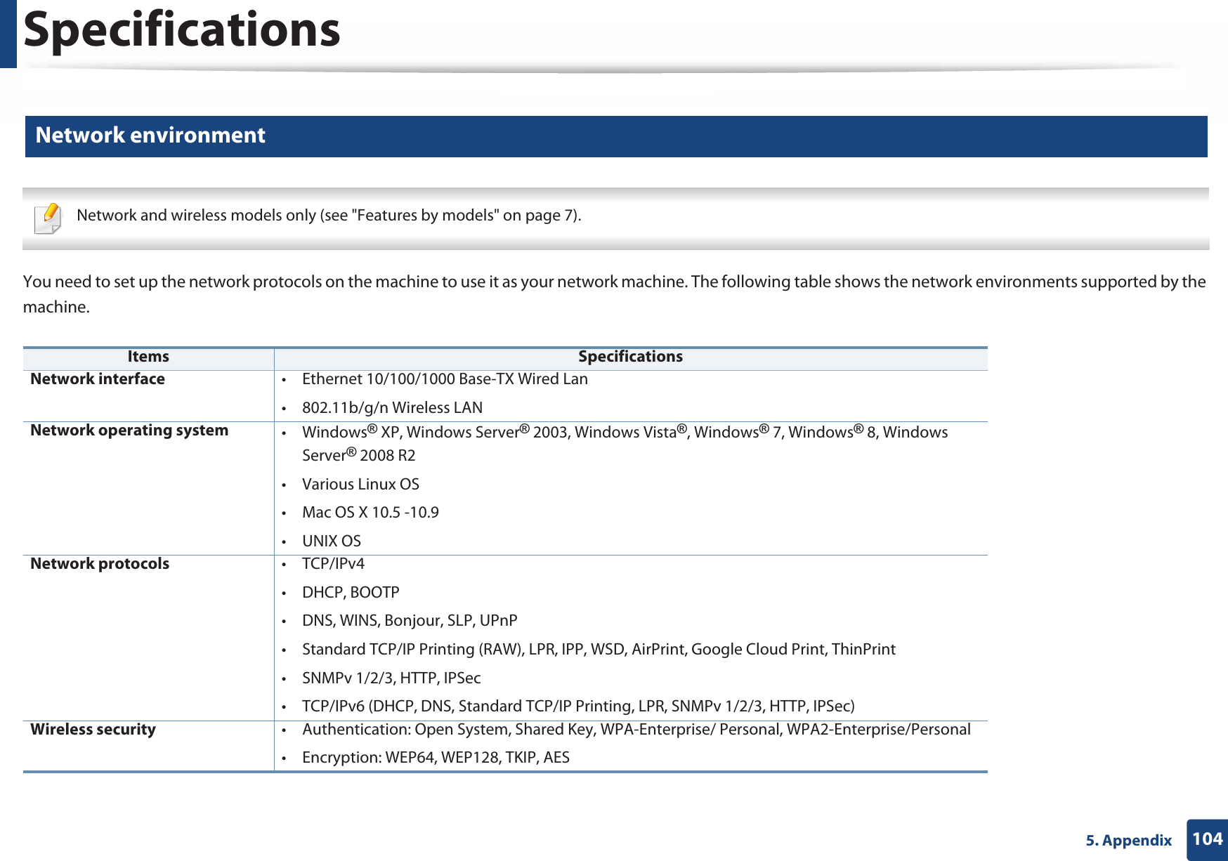 Specifications1045. Appendix4 Network environment Network and wireless models only (see &quot;Features by models&quot; on page 7). You need to set up the network protocols on the machine to use it as your network machine. The following table shows the network environments supported by the machine.  Items SpecificationsNetwork interface • Ethernet 10/100/1000 Base-TX Wired Lan•802.11b/g/n Wireless LANNetwork operating system •Windows® XP, Windows Server® 2003, Windows Vista®, Windows® 7, Windows® 8, Windows Server® 2008 R2•Various Linux OS• Mac OS X 10.5 -10.9•UNIX OSNetwork protocols •TCP/IPv4• DHCP, BOOTP• DNS, WINS, Bonjour, SLP, UPnP• Standard TCP/IP Printing (RAW), LPR, IPP, WSD, AirPrint, Google Cloud Print, ThinPrint• SNMPv 1/2/3, HTTP, IPSec• TCP/IPv6 (DHCP, DNS, Standard TCP/IP Printing, LPR, SNMPv 1/2/3, HTTP, IPSec)Wireless security  • Authentication: Open System, Shared Key, WPA-Enterprise/ Personal, WPA2-Enterprise/Personal • Encryption: WEP64, WEP128, TKIP, AES