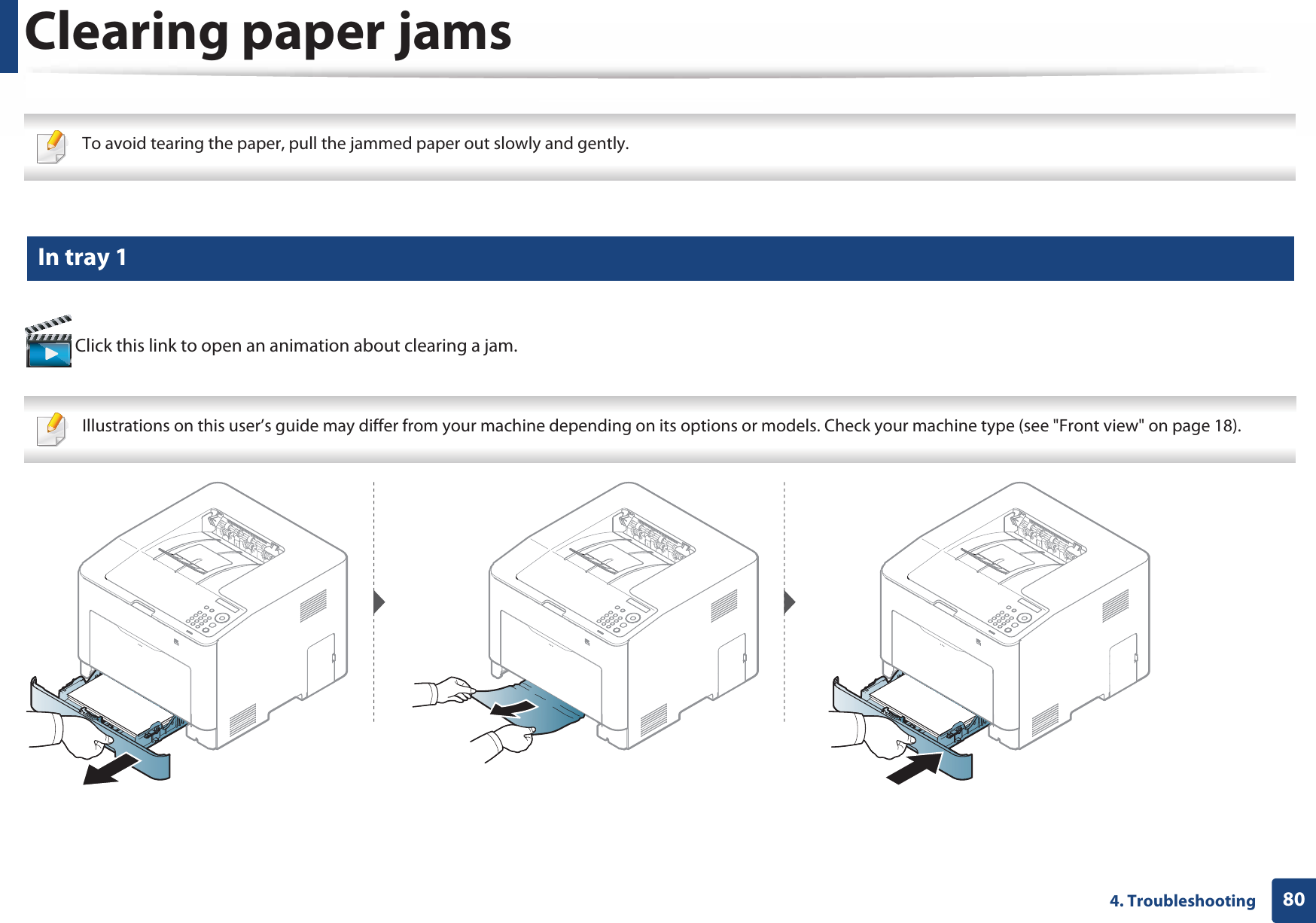 804. TroubleshootingClearing paper jams To avoid tearing the paper, pull the jammed paper out slowly and gently.  1 In tray 1 Click this link to open an animation about clearing a jam. Illustrations on this user’s guide may differ from your machine depending on its options or models. Check your machine type (see &quot;Front view&quot; on page 18). 