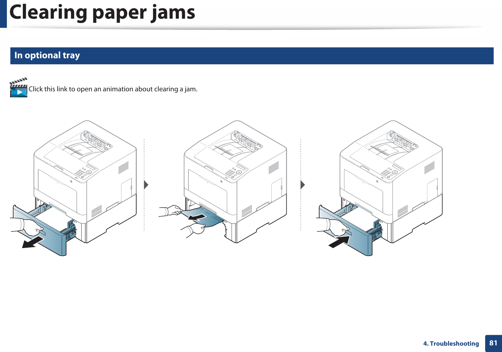 Clearing paper jams814. Troubleshooting2 In optional tray Click this link to open an animation about clearing a jam.