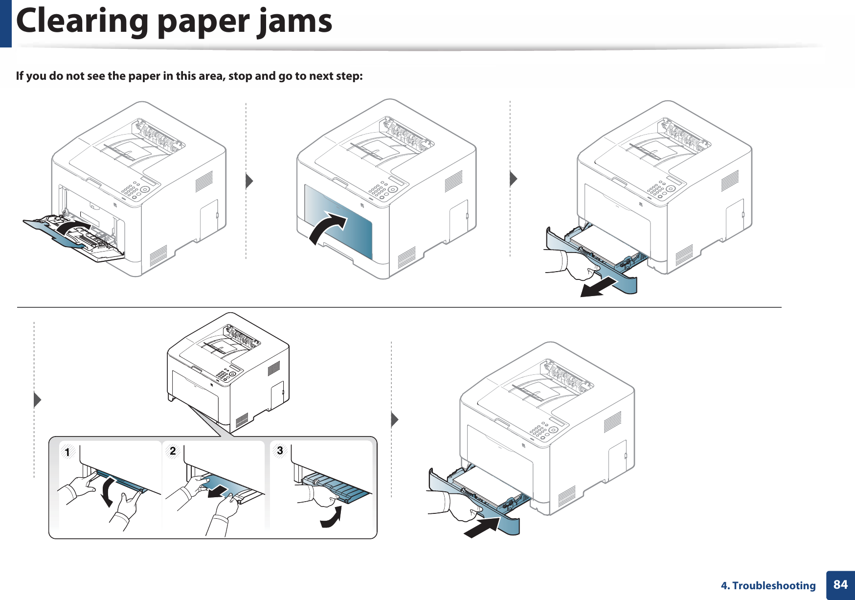 Clearing paper jams844. TroubleshootingIf you do not see the paper in this area, stop and go to next step:123